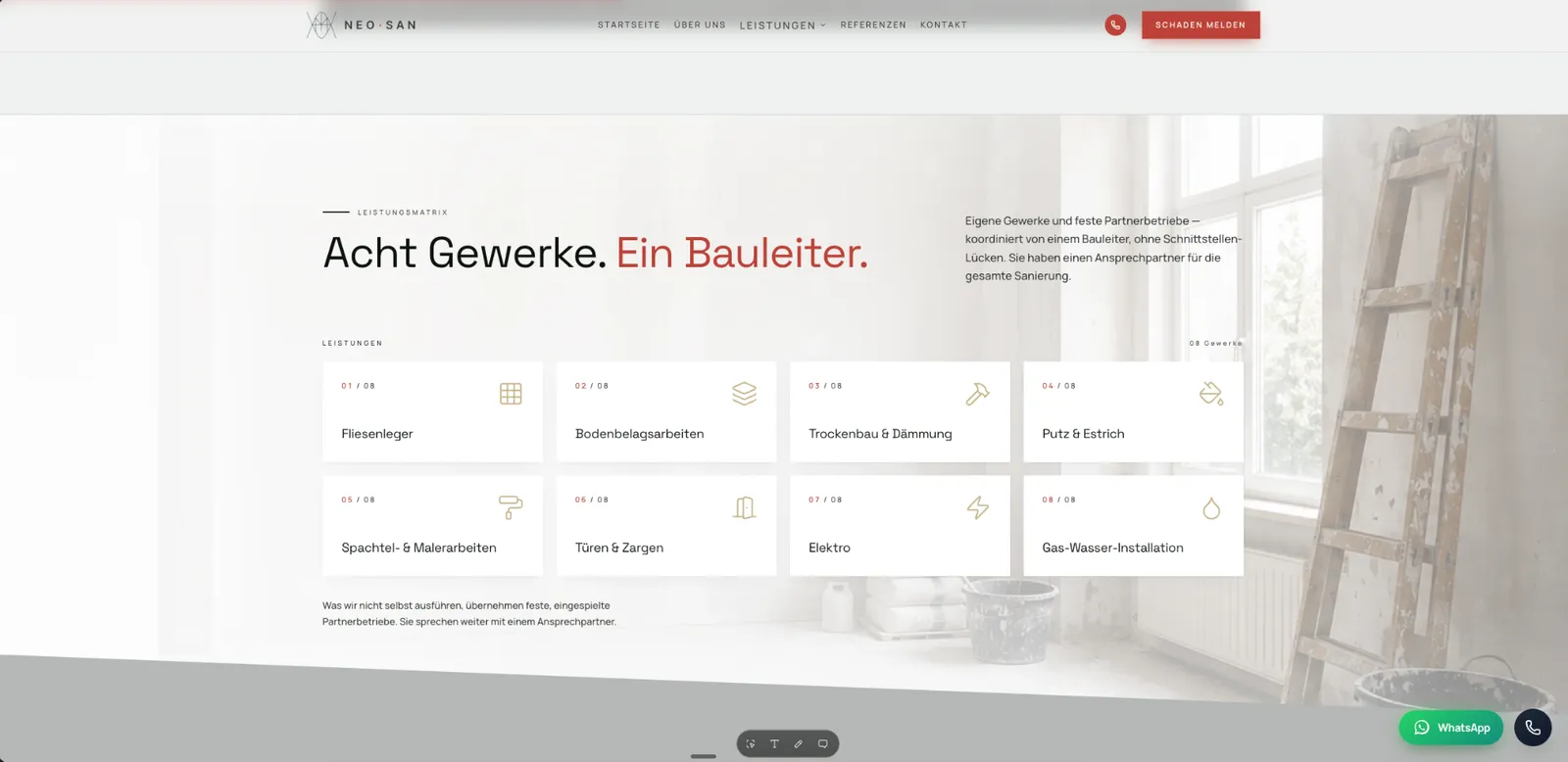 Website für Sanierungsbetriebe – Leistungsübersicht Schadensanierung